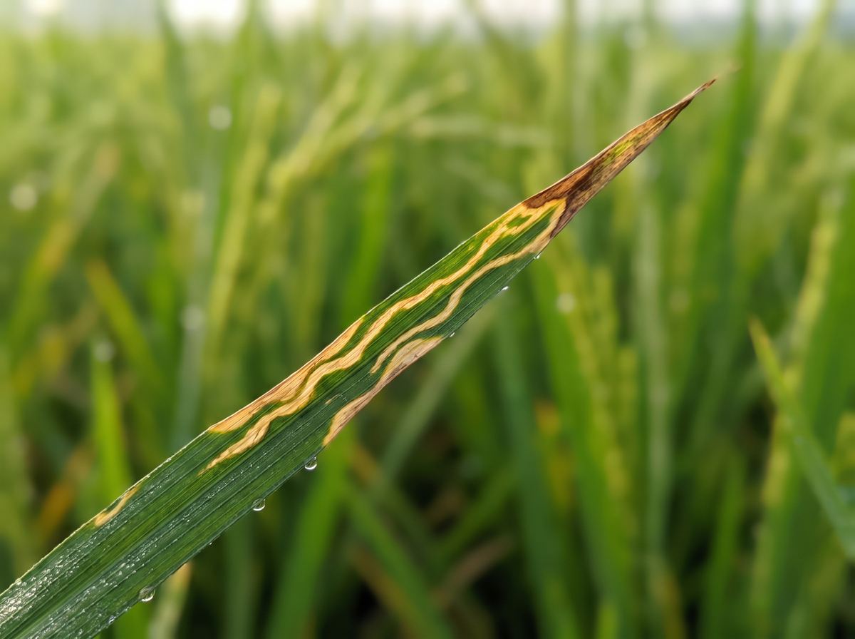 Paddy leaf with yellow lesions spreading from the tip